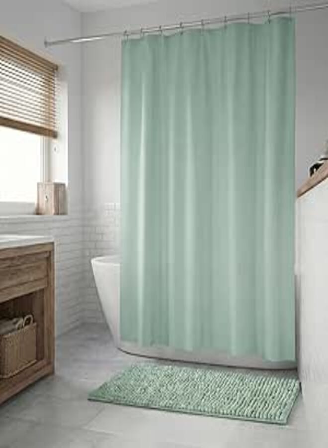 Matching 2 Piece Bathroom Set – Waterproof Shower Curtain 180x180cm + Soft Chenille Bath Mat 60x40cm – Quick Dry (Mint Green)
