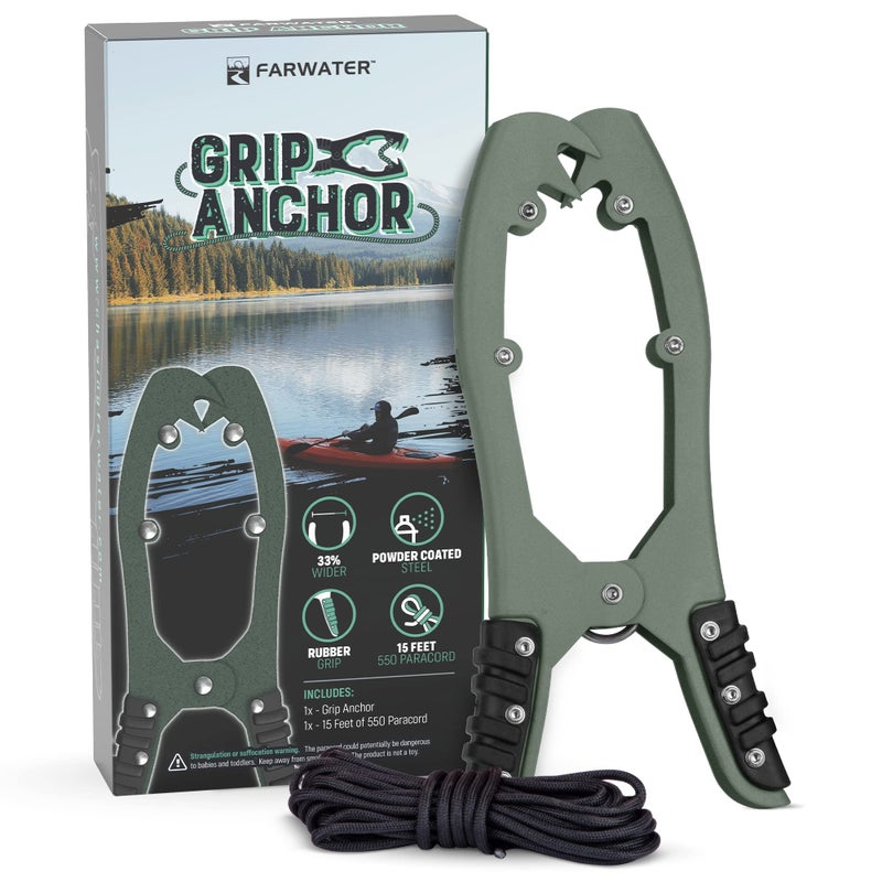 FARWATER Canoe Anchor Grip - Boat, Float Tube & Kayak Fishing Accessories, Kayaking Equipment - Brush Clamp Anchor with Teeth - Gripper with 15ft Paracord - Rubber Grips - Coated Steel - Matte Green - Image 1