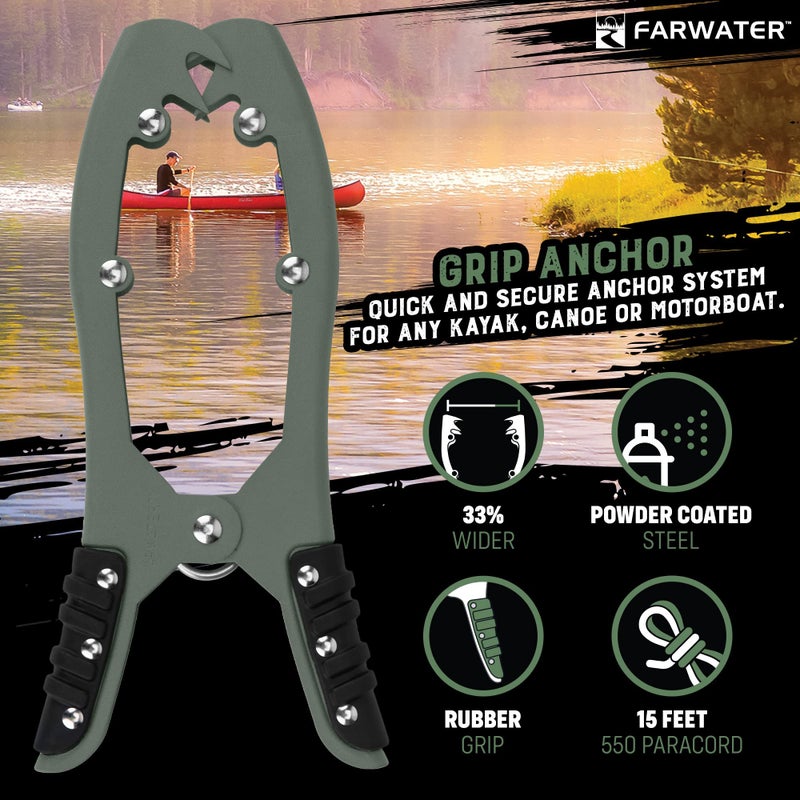 FARWATER Canoe Anchor Grip - Boat, Float Tube & Kayak Fishing Accessories, Kayaking Equipment - Brush Clamp Anchor with Teeth - Gripper with 15ft Paracord - Rubber Grips - Coated Steel - Matte Green - Image 4