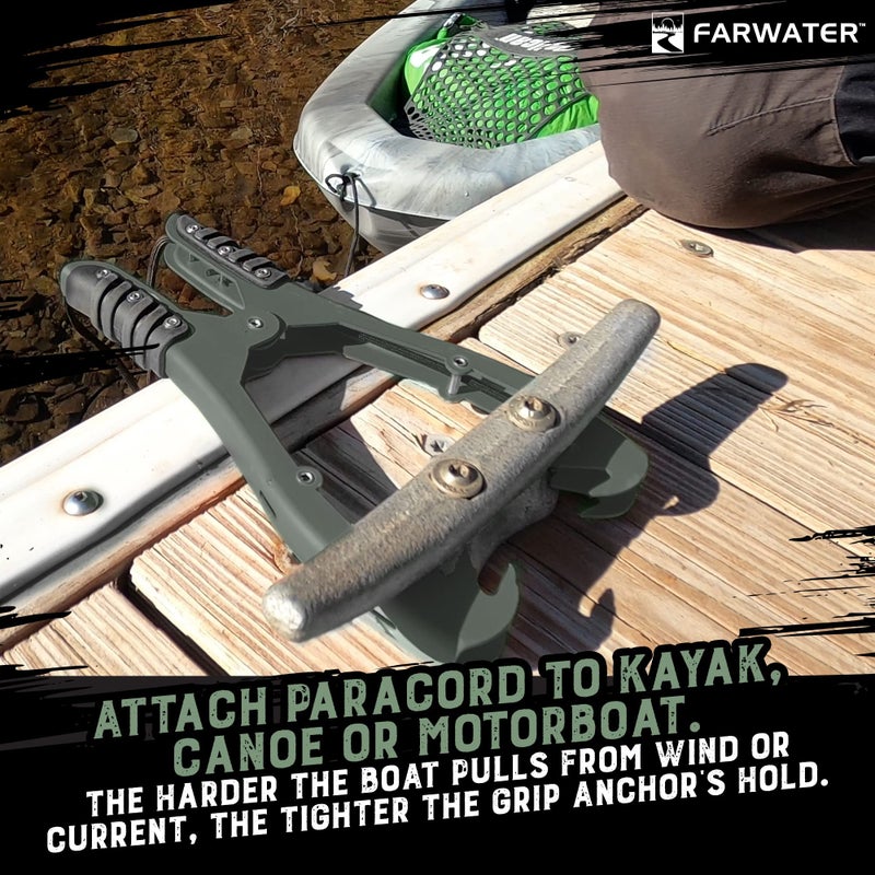 FARWATER Canoe Anchor Grip - Boat, Float Tube & Kayak Fishing Accessories, Kayaking Equipment - Brush Clamp Anchor with Teeth - Gripper with 15ft Paracord - Rubber Grips - Coated Steel - Matte Green - Image 2