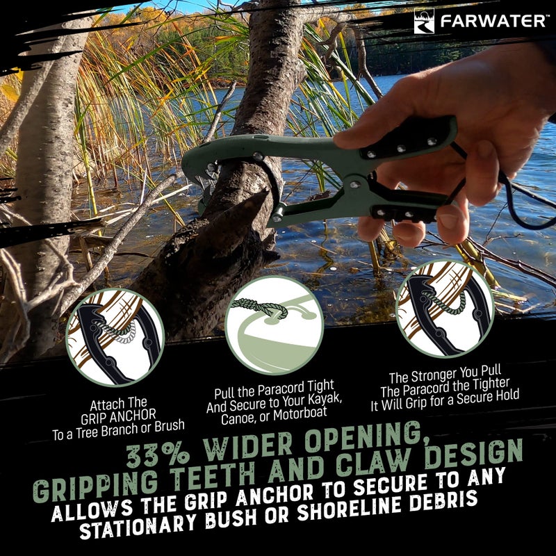 FARWATER Canoe Anchor Grip - Boat, Float Tube & Kayak Fishing Accessories, Kayaking Equipment - Brush Clamp Anchor with Teeth - Gripper with 15ft Paracord - Rubber Grips - Coated Steel - Matte Green - Image 5