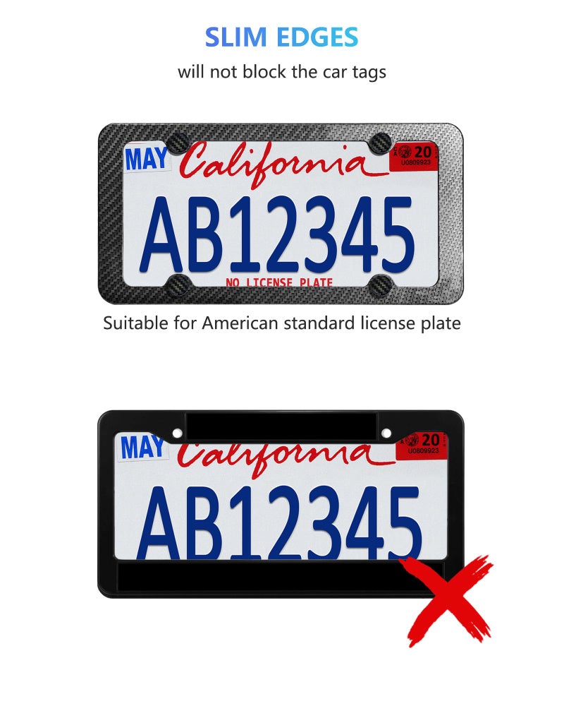 FBJTDQ Carbon Fiber License Plate Frames- Black Plastic Car Tag Holder, 2 Pack 4 Hole Slim Edge Front Rear Bracket with Screw Caps and Car Door Handle Stickers - Image 3