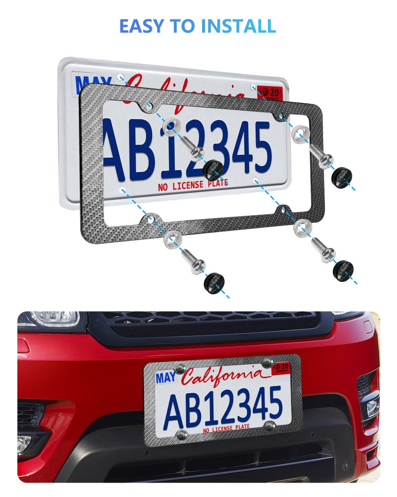 FBJTDQ Carbon Fiber License Plate Frames- Black Plastic Car Tag Holder, 2 Pack 4 Hole Slim Edge Front Rear Bracket with Screw Caps and Car Door Handle Stickers - Image 4