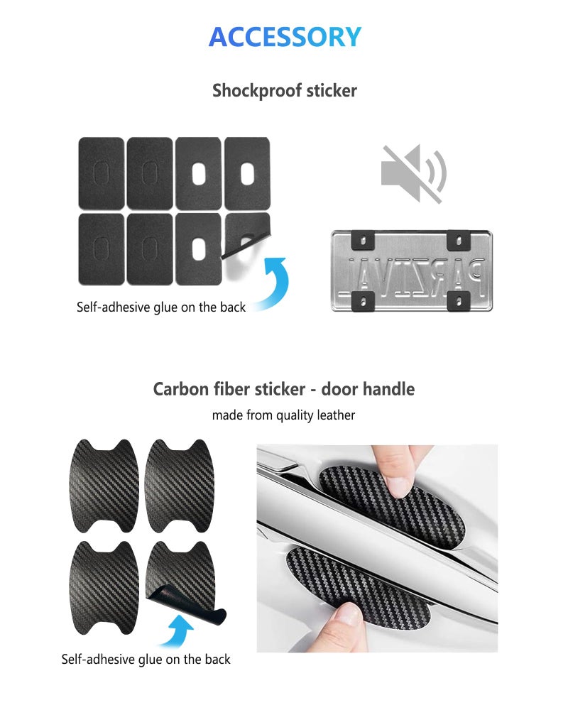 FBJTDQ Carbon Fiber License Plate Frames- Black Plastic Car Tag Holder, 2 Pack 4 Hole Slim Edge Front Rear Bracket with Screw Caps and Car Door Handle Stickers - Image 5