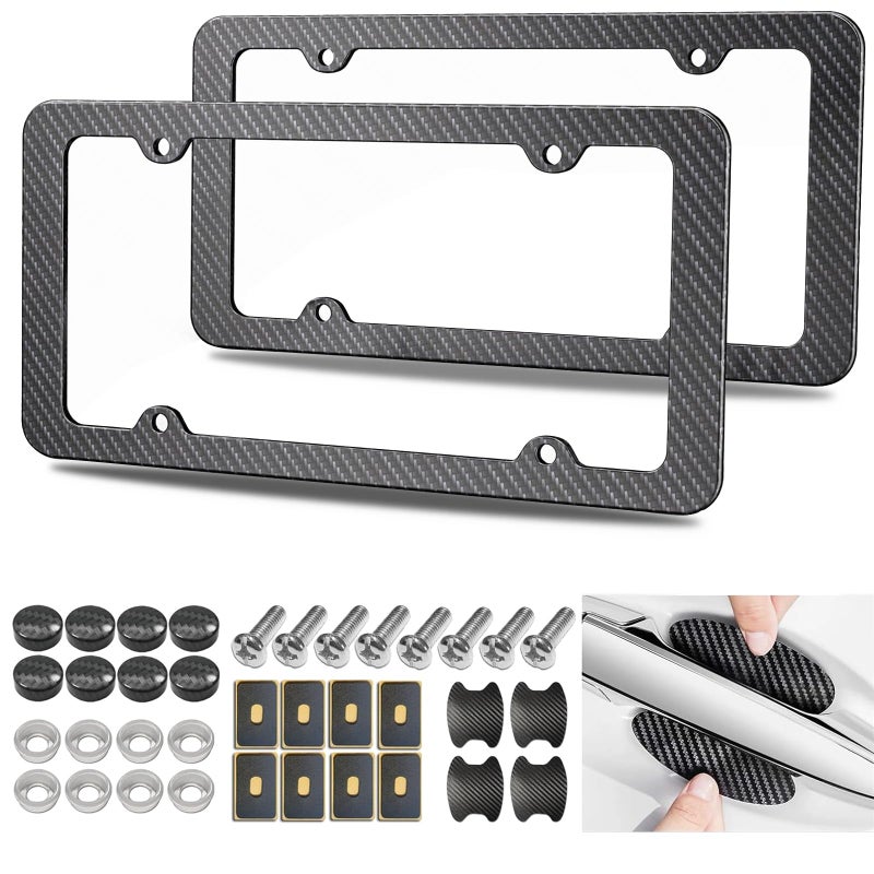 FBJTDQ Carbon Fiber License Plate Frames- Black Plastic Car Tag Holder, 2 Pack 4 Hole Slim Edge Front Rear Bracket with Screw Caps and Car Door Handle Stickers - Image 1