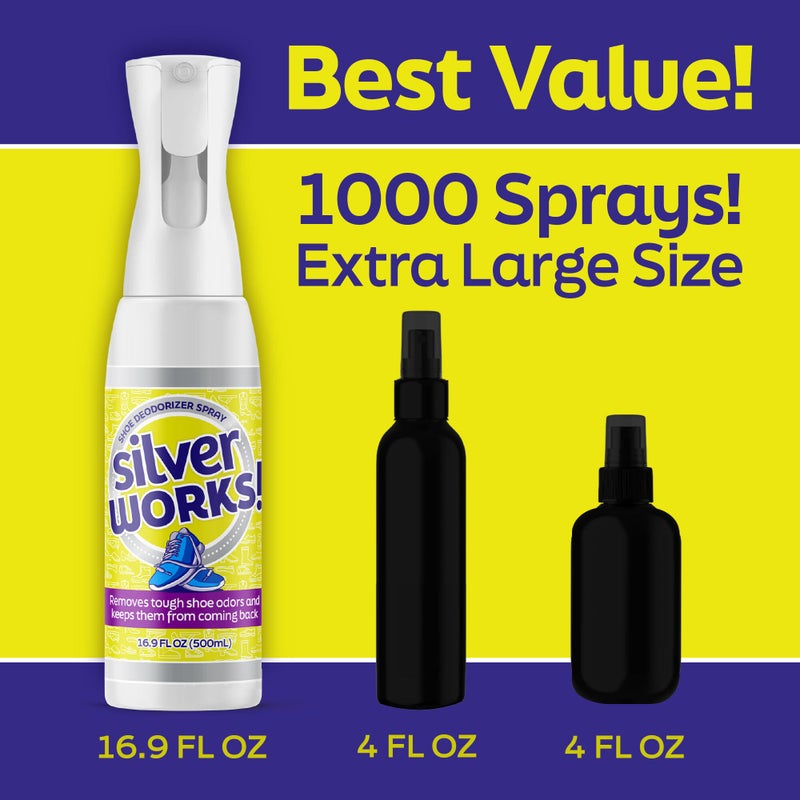 SilverWorks! Shoe Deodorizer Spray For Smelly Shoes - Shoe Odor Elimination - Boot, Sneaker, Shoe Smell Eliminator - Stinky Shoes Odor Eliminator, Shoe Freshener Spray -16.9oz - Image 3