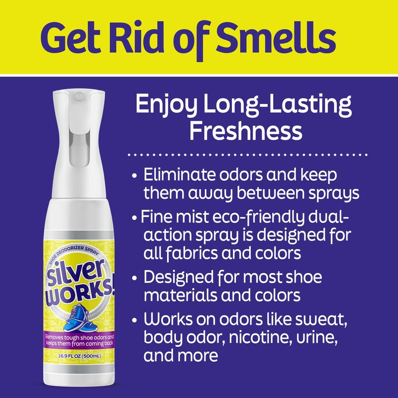 SilverWorks! Shoe Deodorizer Spray For Smelly Shoes - Shoe Odor Elimination - Boot, Sneaker, Shoe Smell Eliminator - Stinky Shoes Odor Eliminator, Shoe Freshener Spray -16.9oz - Image 2