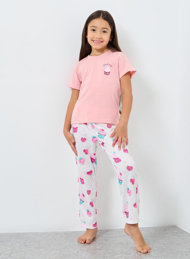 Styli Girls Pink Cupcake Print T-Shirt and Pyjama Set - Image 1