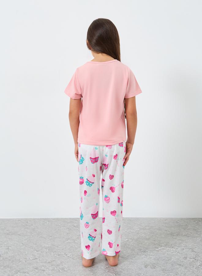 Styli Girls Pink Cupcake Print T-Shirt and Pyjama Set - Image 4