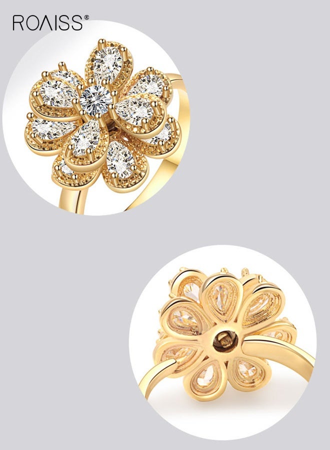 رويس خاتم ذهبي نسائي، خاتم جديد فاخر على الطراز الفرنسي متعدد الطبقات مفتوح على شكل بتلات، خاتم دوار متعدد الاستخدامات على شكل زهرة هندسية مطلي بالماس بالكامل، ذهبي - Image 5