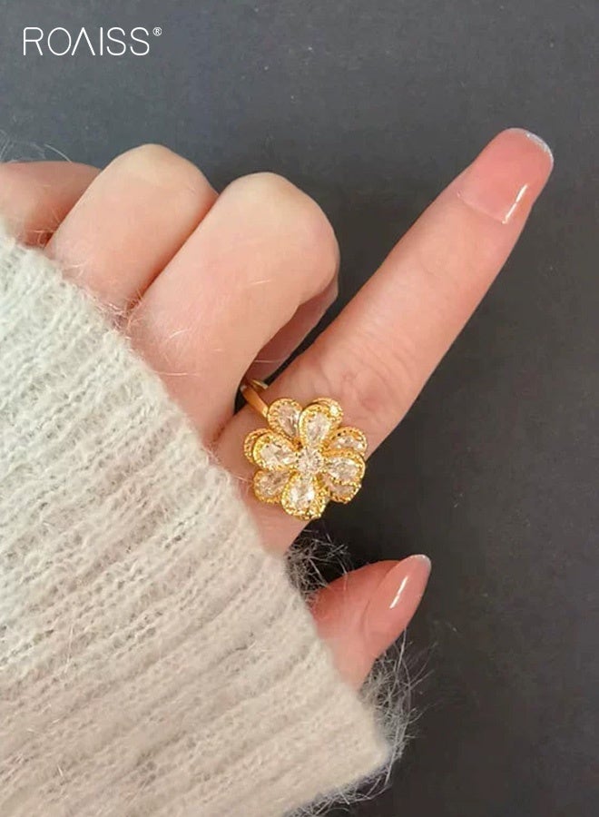 رويس خاتم ذهبي نسائي، خاتم جديد فاخر على الطراز الفرنسي متعدد الطبقات مفتوح على شكل بتلات، خاتم دوار متعدد الاستخدامات على شكل زهرة هندسية مطلي بالماس بالكامل، ذهبي - Image 2