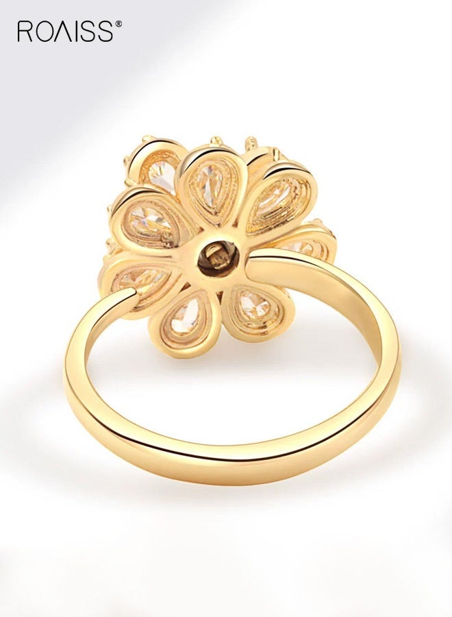 رويس خاتم ذهبي نسائي، خاتم جديد فاخر على الطراز الفرنسي متعدد الطبقات مفتوح على شكل بتلات، خاتم دوار متعدد الاستخدامات على شكل زهرة هندسية مطلي بالماس بالكامل، ذهبي - Image 4