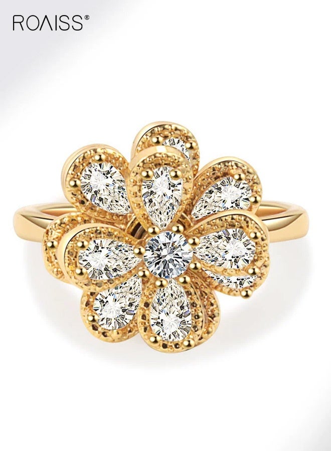 رويس خاتم ذهبي نسائي، خاتم جديد فاخر على الطراز الفرنسي متعدد الطبقات مفتوح على شكل بتلات، خاتم دوار متعدد الاستخدامات على شكل زهرة هندسية مطلي بالماس بالكامل، ذهبي - Image 3