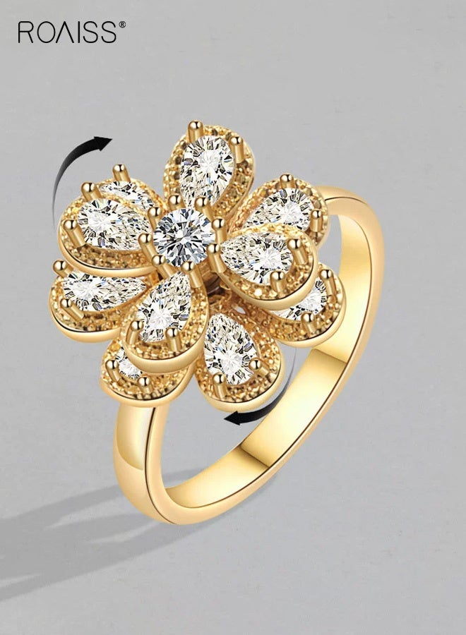 رويس خاتم ذهبي نسائي، خاتم جديد فاخر على الطراز الفرنسي متعدد الطبقات مفتوح على شكل بتلات، خاتم دوار متعدد الاستخدامات على شكل زهرة هندسية مطلي بالماس بالكامل، ذهبي - Image 1