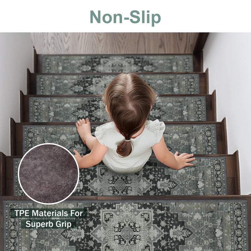 sarben Non Slip Stair Treads for Wooden Steps 15PCS - 8"x30" Indoor Safety Carpet, Edging Mats with TPE Adhesive Backing, Pet and Elderly Friendly Stair Rugs (Black&Forest Green) - Image 2
