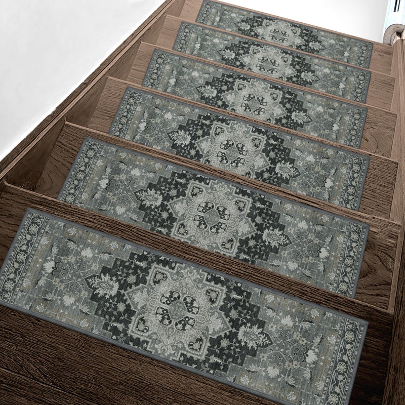 sarben Non Slip Stair Treads for Wooden Steps 15PCS - 8"x30" Indoor Safety Carpet, Edging Mats with TPE Adhesive Backing, Pet and Elderly Friendly Stair Rugs (Black&Forest Green) - Image 1