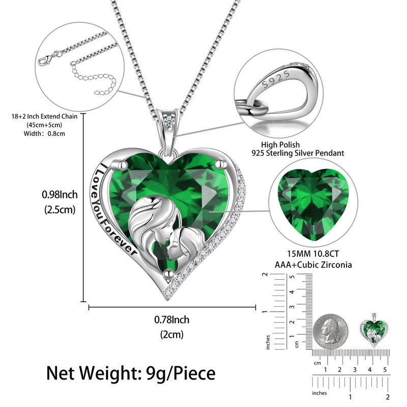 Juwaliy Women Heart Necklace for Mother Daughter Sister 925 Sterling Silver Green Emerald Birthstone Pendant Jewelry May Birthday Mother's Day Gift - Image 5