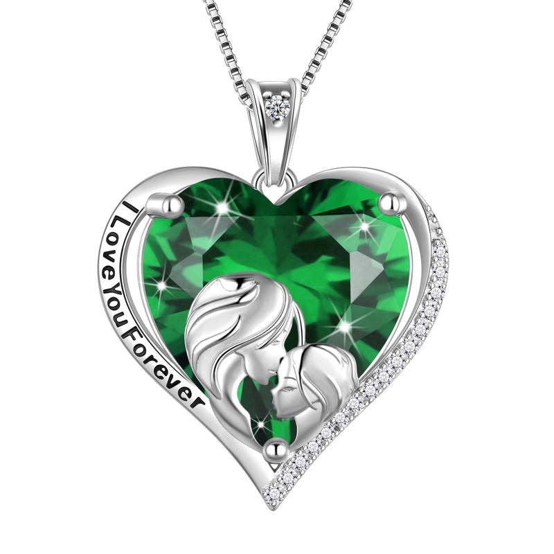 Juwaliy Women Heart Necklace for Mother Daughter Sister 925 Sterling Silver Green Emerald Birthstone Pendant Jewelry May Birthday Mother's Day Gift - Image 1