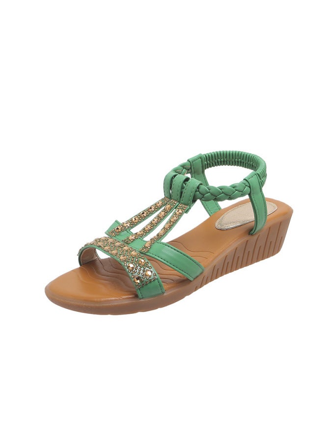 Summer New Arrival Korean Style Fashionable Fish Beak Set Feet Wedge Heel Fashionable Casual Large Size  Rhinestone Roman Sandals