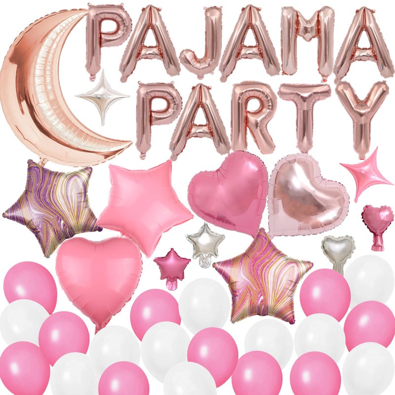 DUFACAI 44 Pieces PAJAMA PARTY Balloons Rose Gold Moon Star Heart Aluminum Foil Balloons Pink Latex Balloons for Girls Women Slumber Party Sleepover Birthday Party Spa Party Decoration Rose gold - Image 3