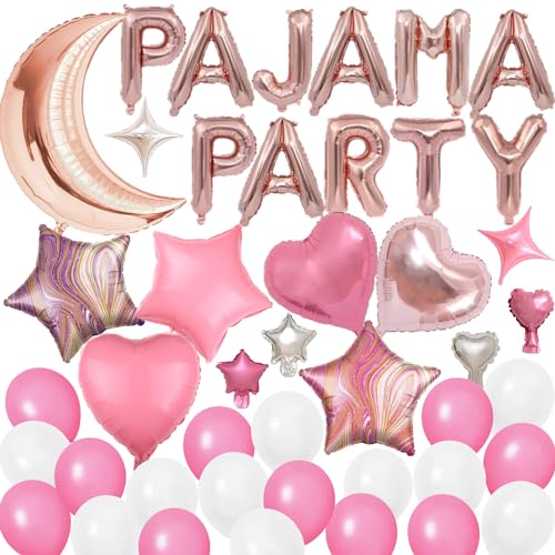 DUFACAI 44 Pieces PAJAMA PARTY Balloons Rose Gold Moon Star Heart Aluminum Foil Balloons Pink Latex Balloons for Girls Women Slumber Party Sleepover Birthday Party Spa Party Decoration Rose gold - Image 1