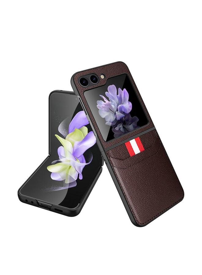 اس-توب جراب لهاتف Samsung Galaxy Z Flip5 5G، جراب هاتف من نسيج الليتشي بفتحة بطاقة - Image 1