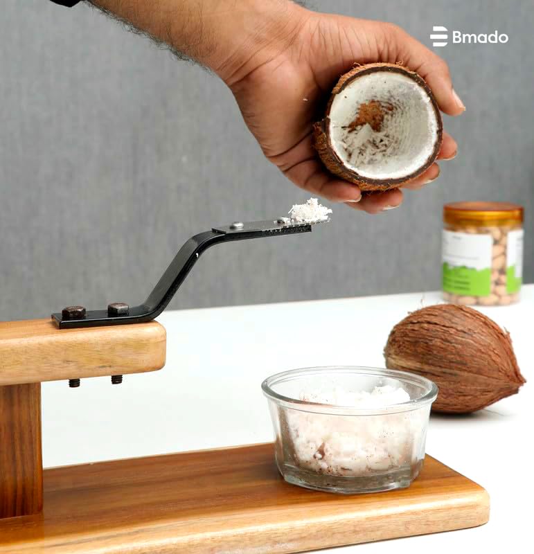 Bmado Traditional Polished Teak Table Top Coconut Scraper Chirava Grater Thengai Thuruvi with Stainless Steel Blade (Medium, 1000g) - Image 4
