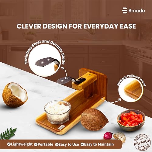 Bmado Traditional Polished Teak Table Top Coconut Scraper Chirava Grater Thengai Thuruvi with Stainless Steel Blade (Medium, 1000g) - Image 3
