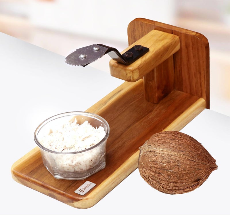 Bmado Traditional Polished Teak Table Top Coconut Scraper Chirava Grater Thengai Thuruvi with Stainless Steel Blade (Medium, 1000g) - Image 1