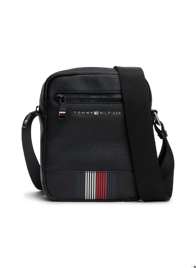 TOMMY HILFIGER Men's Metal Logo Small Reporter Bag - Pebble grain finish, Black