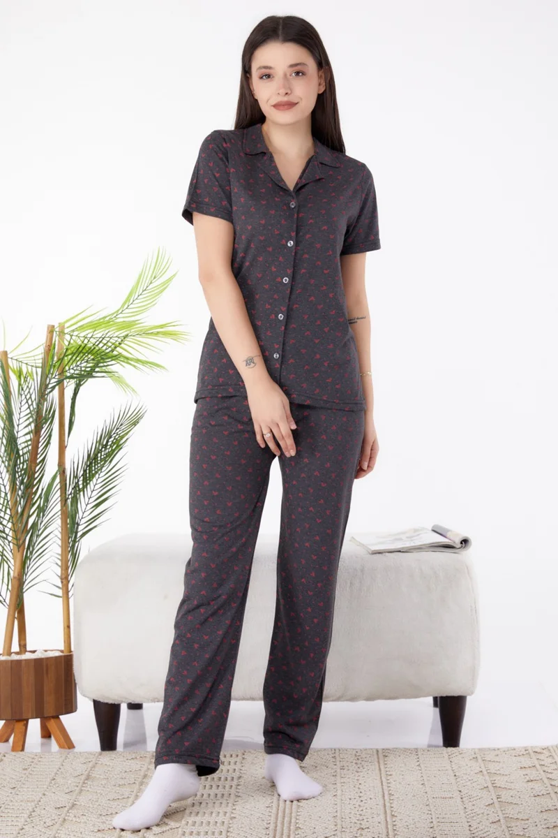 Tofisa Plain Shirt Collar Women's Anthracite Pajama Set - 25267