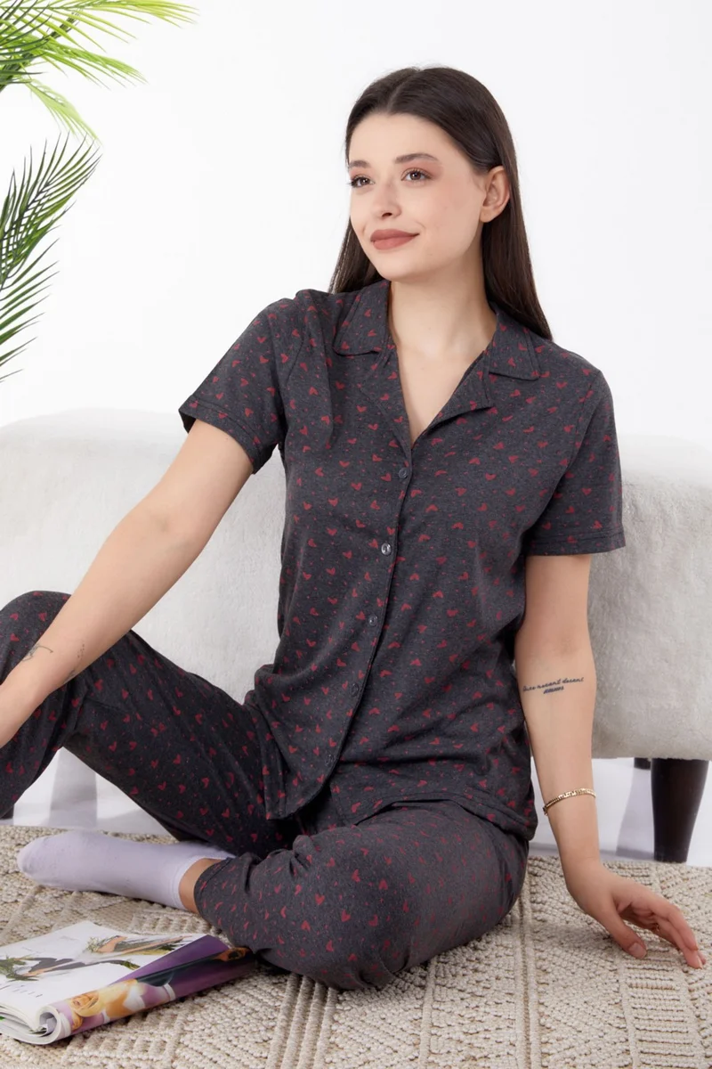 Tofisa Plain Shirt Collar Women's Anthracite Pajama Set - 25267