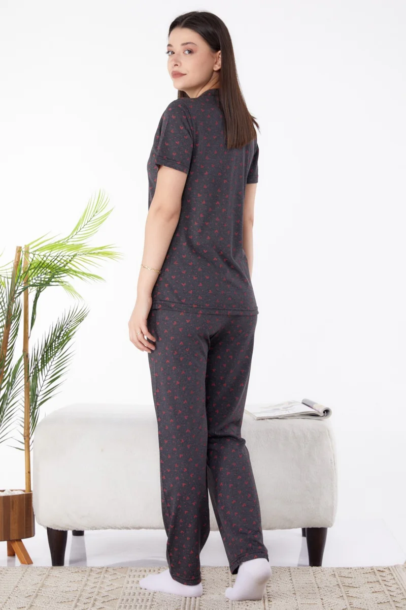Tofisa Plain Shirt Collar Women's Anthracite Pajama Set - 25267