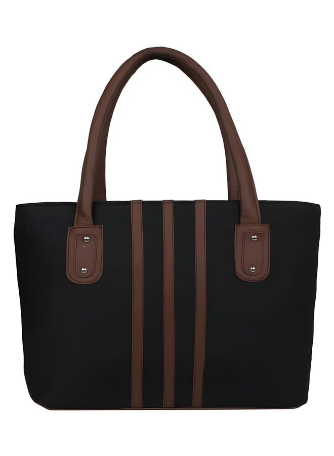 Nexeura Striped Polyurethane Women’s Handbag | Large 10L Capacity Shoulder Tote | Lightweight Casual Purse for Girls & Ladies | 36 x 7 x 30 cm 400g (BLACK) - Image 1