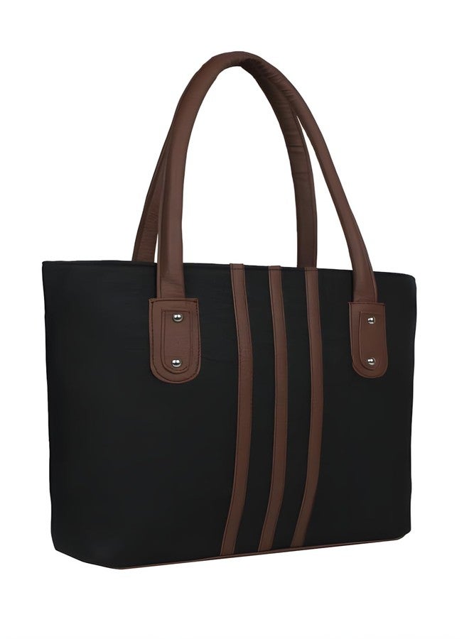 Nexeura Striped Polyurethane Women’s Handbag | Large 10L Capacity Shoulder Tote | Lightweight Casual Purse for Girls & Ladies | 36 x 7 x 30 cm 400g (BLACK) - Image 4