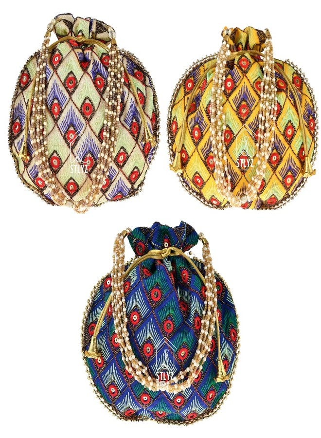 STLYZ Traditional Embroidered Potli Bag For Women, Feather Design Potli Handbag Wristlets Ethnic Bridal Potli Batwa Bag For Ladies For Wedding Return Gifts (FeatherPotli_Packof3) - Image 1