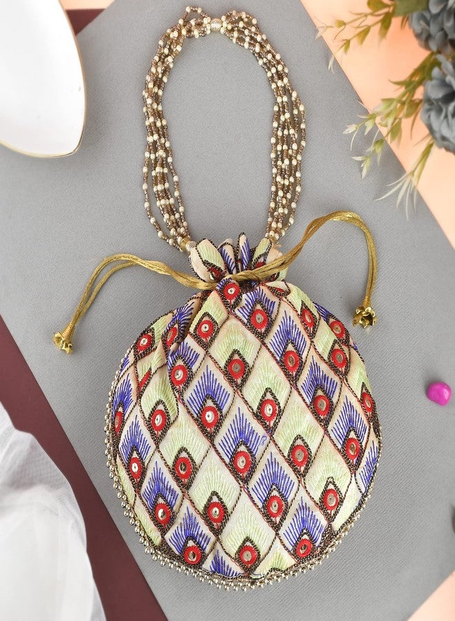 STLYZ Traditional Embroidered Potli Bag For Women, Feather Design Potli Handbag Wristlets Ethnic Bridal Potli Batwa Bag For Ladies For Wedding Return Gifts (FeatherPotli_Packof3) - Image 2
