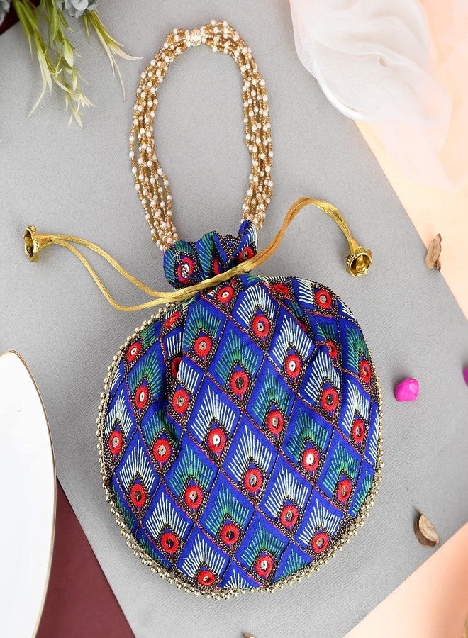 STLYZ Traditional Embroidered Potli Bag For Women, Feather Design Potli Handbag Wristlets Ethnic Bridal Potli Batwa Bag For Ladies For Wedding Return Gifts (FeatherPotli_Packof3) - Image 3