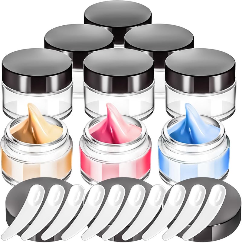 MotBach 6 Pack 1 oz Glass Jars with Lids 60ml Mini Round Clear Glass Jars with Inner Liners and Spatulas, Travel Size Containers Jars for Toiletries Creams Makeup Cosmetic Sample Lotion (Black Lid)