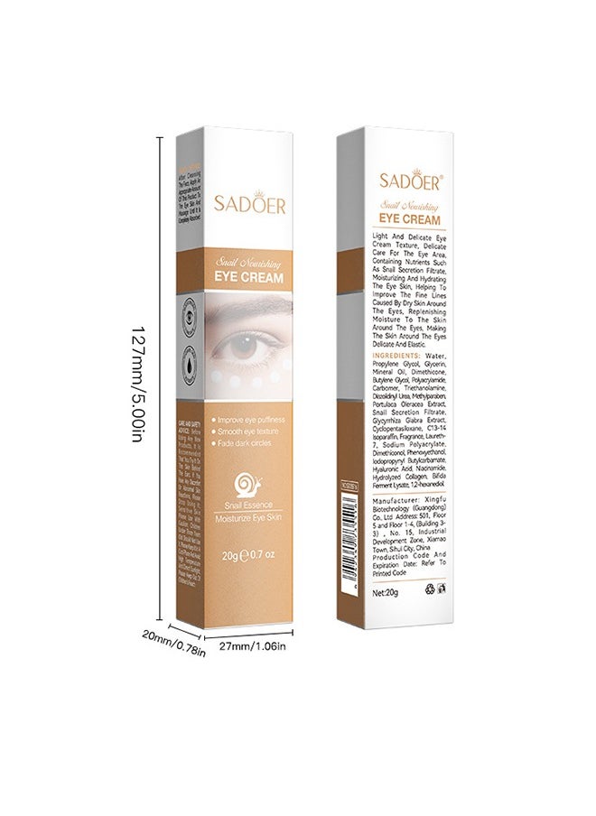 SADOER - Snail Essence Moisturize Eye Cream 20g, Anti Aging, Exquisitely Repair Skin, Moisturize, Fade Eye Lines, Dark Circles and Black Spots, Shrink Pores and Tighten Skin, Moisturizing Eye Serum, Eye Care - Image 1