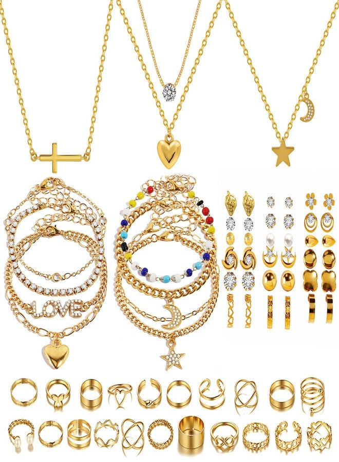 KOSMOS-LI Golden Jewelry Set Stocking Stuffers with 4pcs Necklaces, 36pcs Earrings, 22pcs Rings Collection Fashion Accessories for Women Multiple Styles and Sizes - Image 1