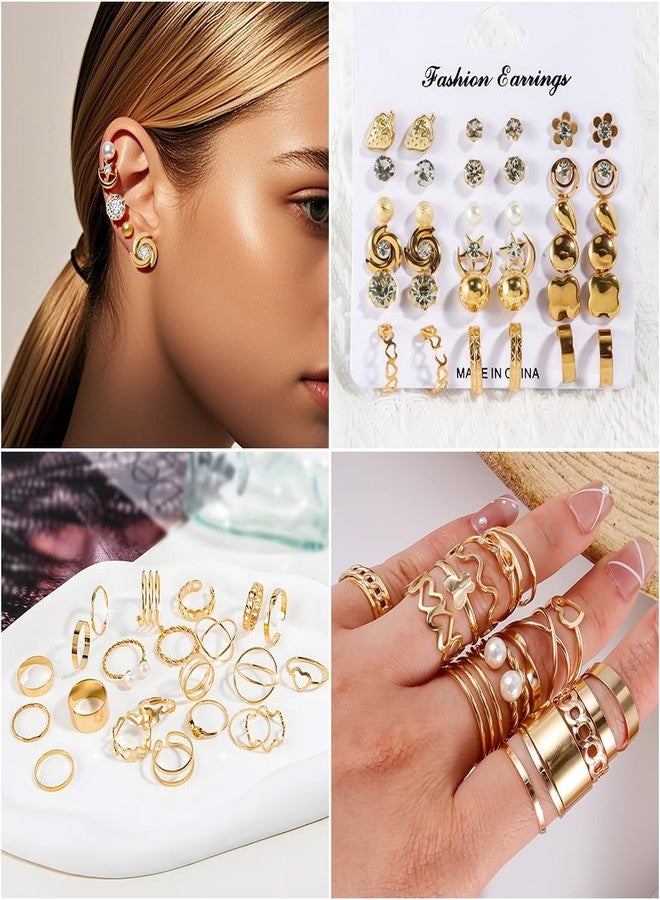 KOSMOS-LI Golden Jewelry Set Stocking Stuffers with 4pcs Necklaces, 36pcs Earrings, 22pcs Rings Collection Fashion Accessories for Women Multiple Styles and Sizes - Image 4