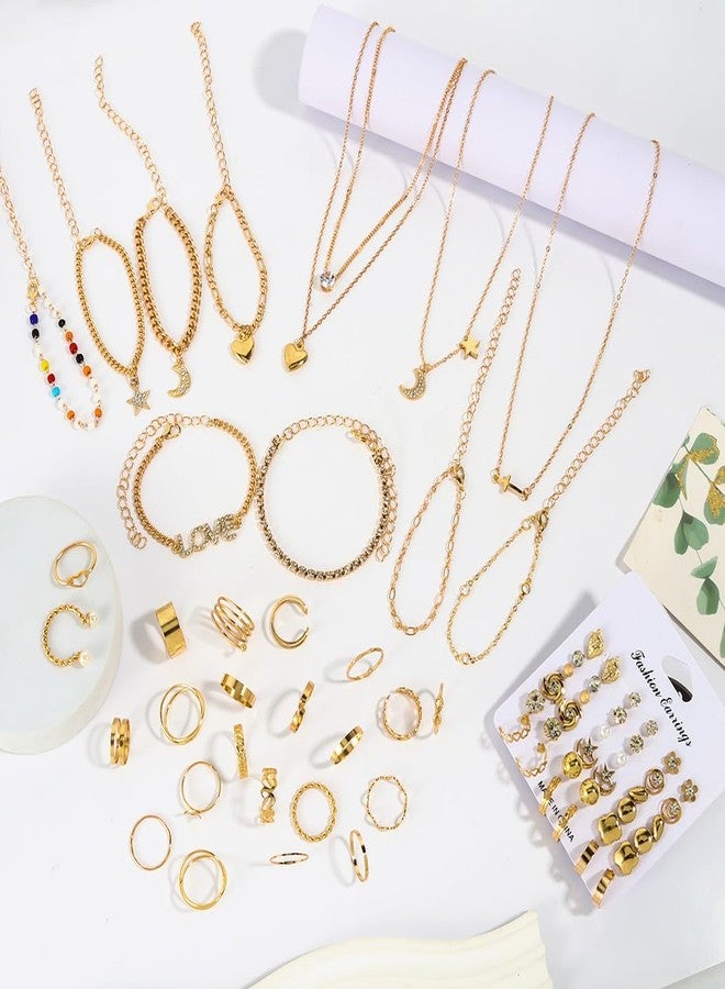 KOSMOS-LI Golden Jewelry Set Stocking Stuffers with 4pcs Necklaces, 36pcs Earrings, 22pcs Rings Collection Fashion Accessories for Women Multiple Styles and Sizes - Image 5