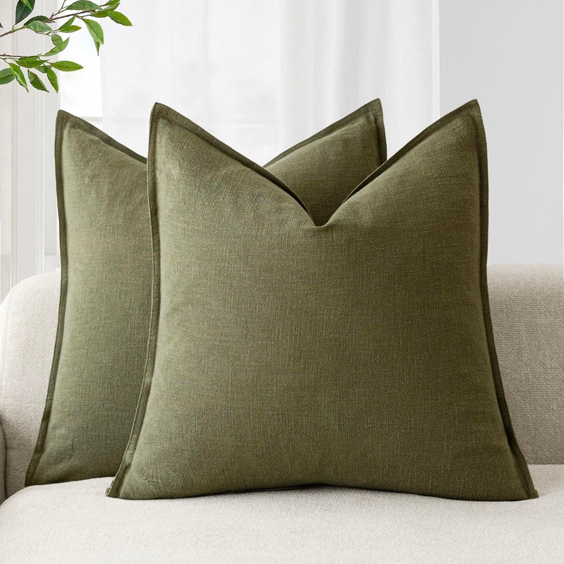Foindtower Pack of 2 Decorative Linen Soild Throw Pillow Covers Soft Accent Cushion Case Boho Farmhouse Pillowcase for Chair Couch Sofa Bedroom Living Room Home Decor 18 x 18 Inch Olive Green