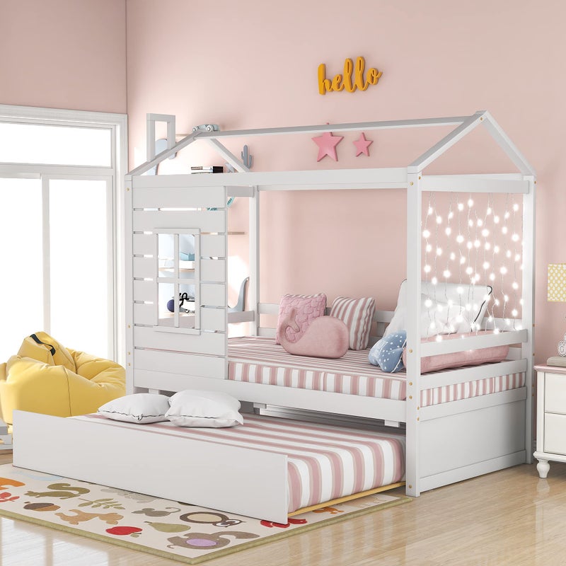 Merax House Bed with Trundle Window and Roof Twin Size Wood Bunk Bed Daybed Can be Decorated for Girls Boys White