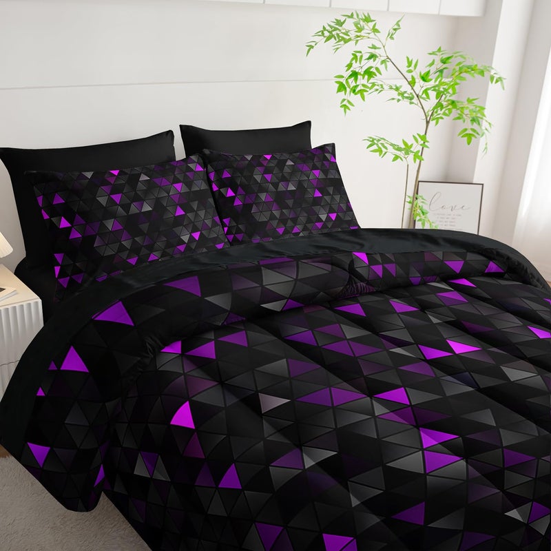 Nttopship Geometric Violet Black Triangle King Size Comforter Set,Light Honeycomb Bedding Set 7 Piece in A Bag,Bed Sheet Set Geometry Decor,Microfiber Lightweight All Season - Image 3