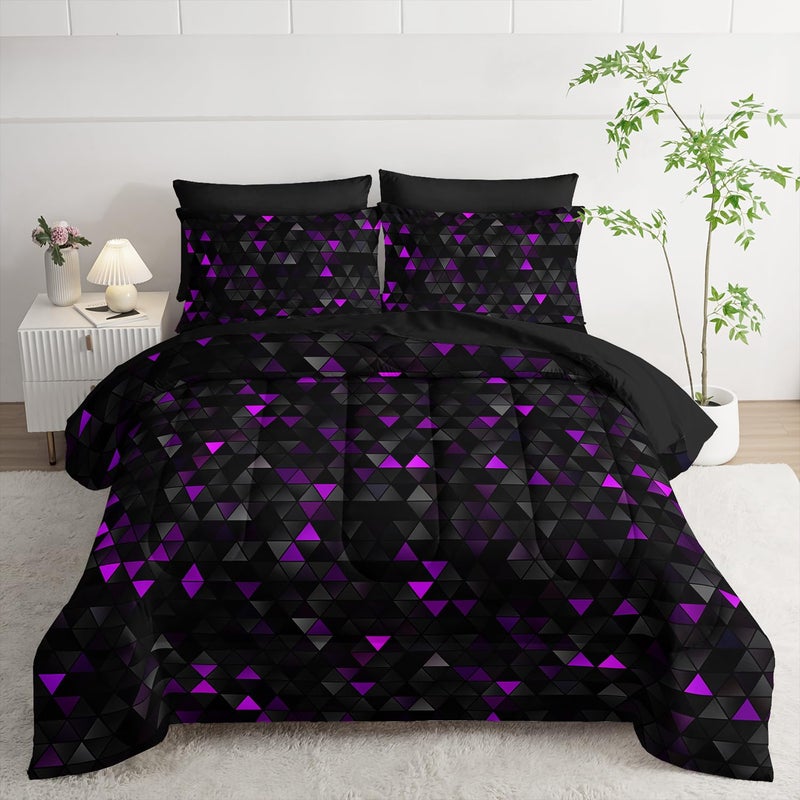 Nttopship Geometric Violet Black Triangle King Size Comforter Set,Light Honeycomb Bedding Set 7 Piece in A Bag,Bed Sheet Set Geometry Decor,Microfiber Lightweight All Season - Image 1