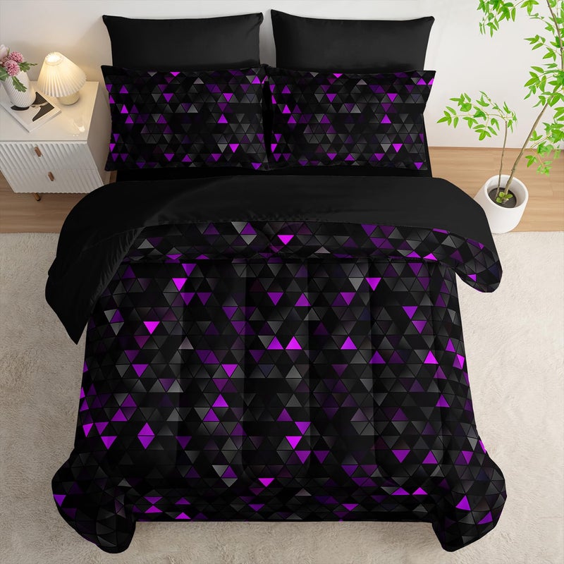 Nttopship Geometric Violet Black Triangle King Size Comforter Set,Light Honeycomb Bedding Set 7 Piece in A Bag,Bed Sheet Set Geometry Decor,Microfiber Lightweight All Season - Image 4