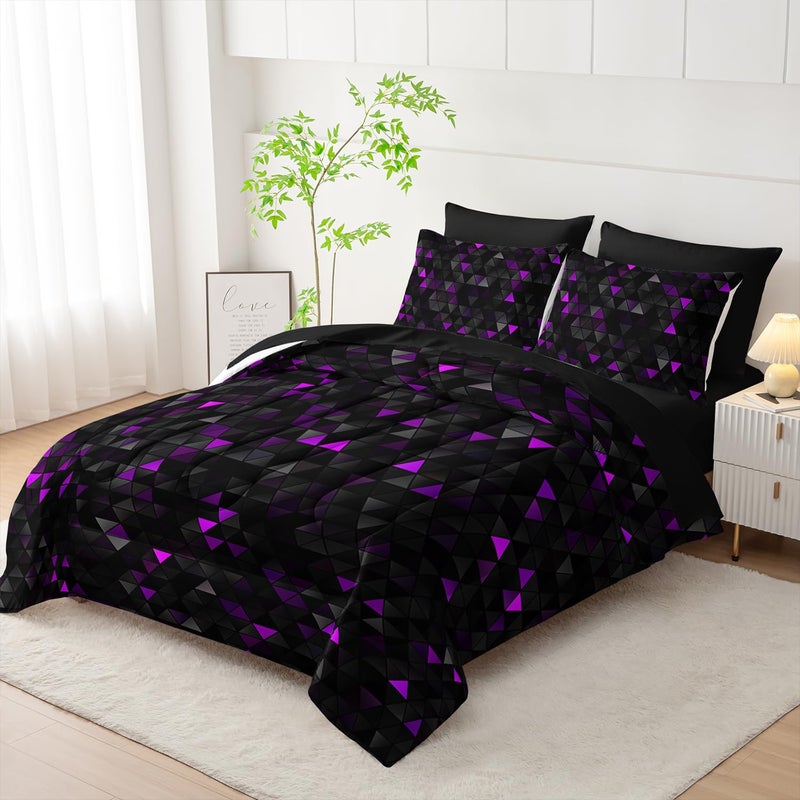 Nttopship Geometric Violet Black Triangle King Size Comforter Set,Light Honeycomb Bedding Set 7 Piece in A Bag,Bed Sheet Set Geometry Decor,Microfiber Lightweight All Season - Image 2