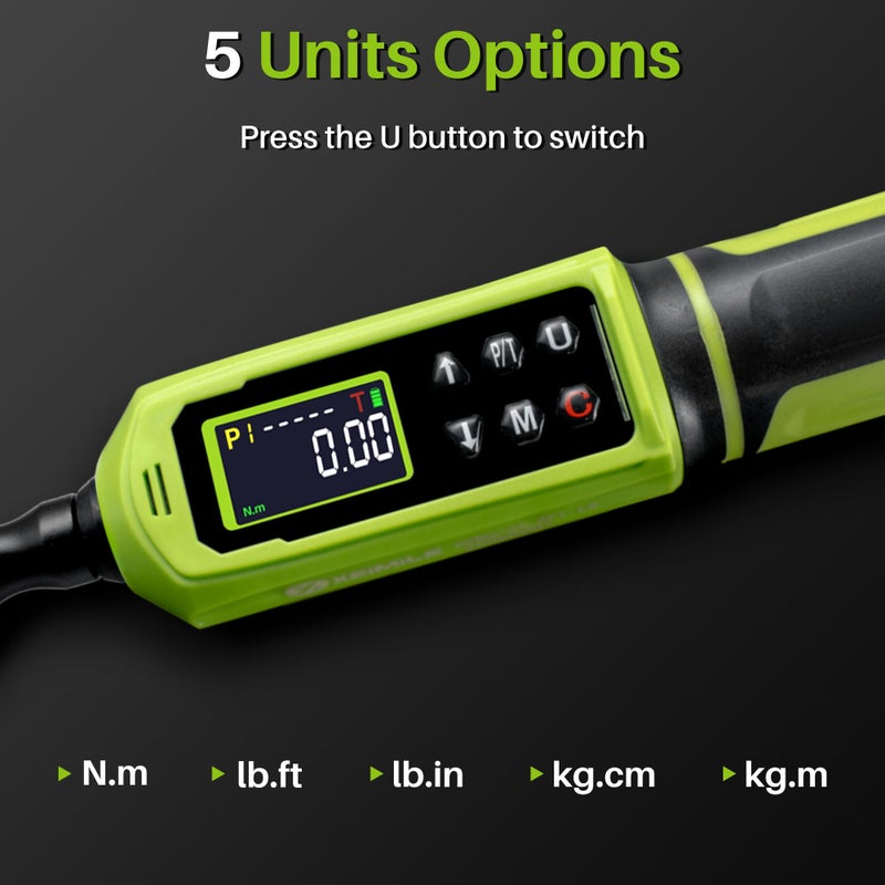 XEIMILE Digital Torque Wrench 1/4" Drive-4-266In.Lb/0.45-30N.m, Electric Torque Wrench With Vibration Buzzer LED Indicator,Â±2% Accuracy Five Units for Bike Motorcycle Car Auto Repair,DIY,Green Black - Image 2
